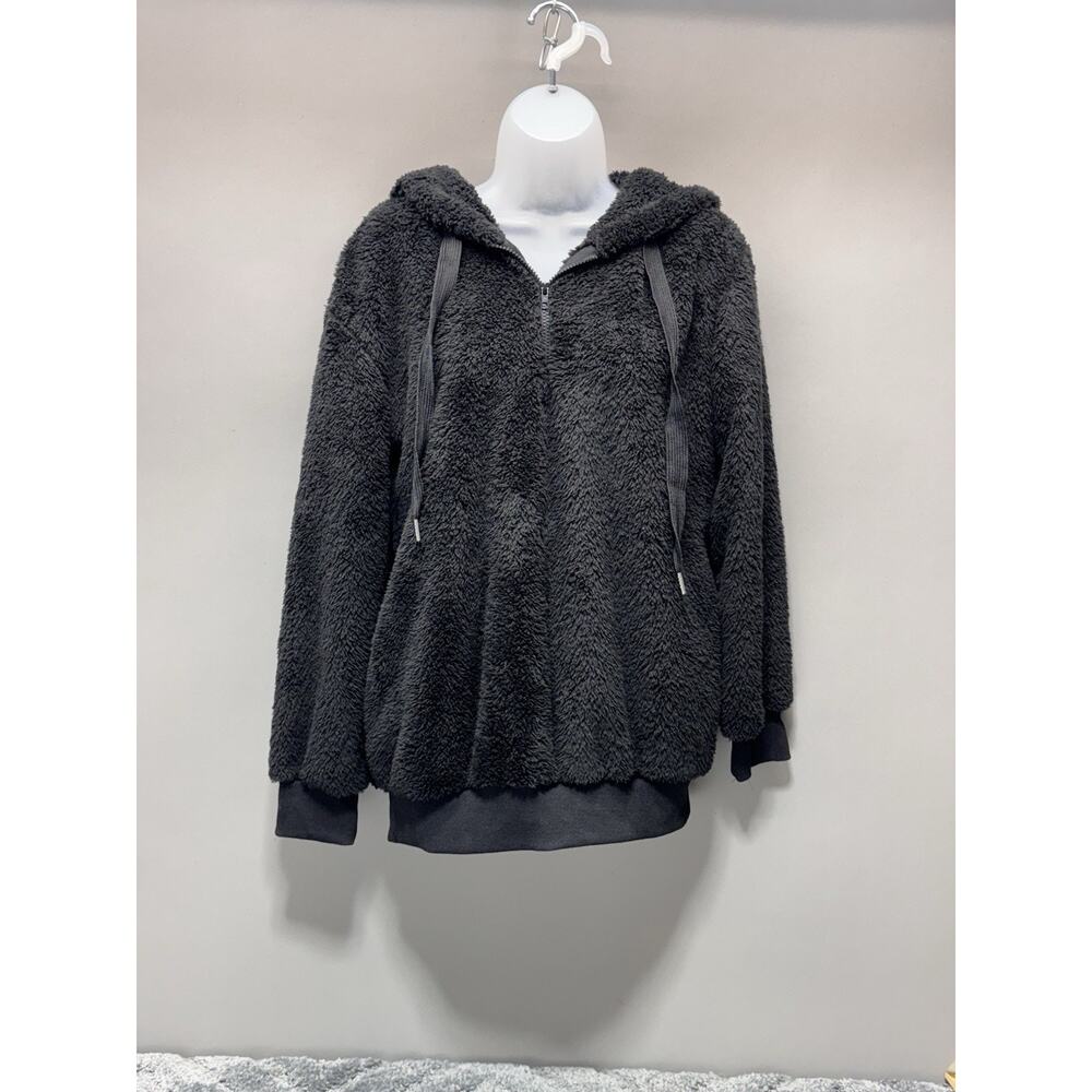 Black Pullover Furry Fleece Hoodie Top by YOKODEA Oversized Women’s Size Small